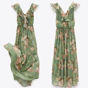 NWOT Zara Green Floral Ruffled Maxi Dress Romantic Cottagecore Vibes